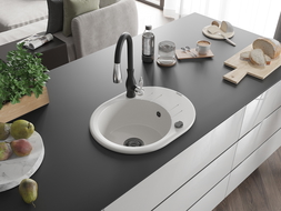 Mexen Kevin granitový dřez 1-komorový s odkapávačem a kuchyňskou baterií Savita, bílý - 6517-20-672601-70