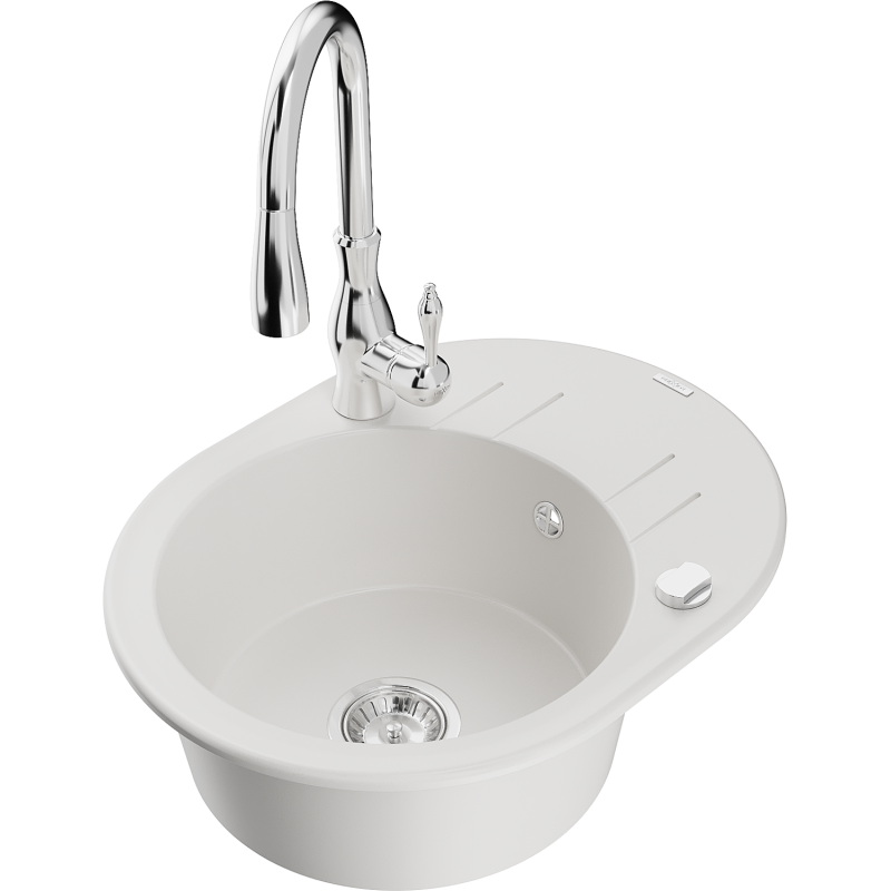 Mexen Kevin granitový dřez 1-komorový s odkapávačem a kuchyňskou baterií Savita, bílý - 6517-20-672601-00