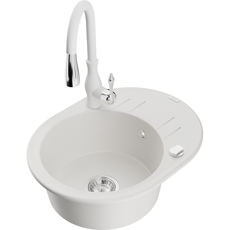 Mexen Kevin granitový dřez 1-komorový s odkapávačem a kuchyňskou baterií Savita, bílý - 6517-20-672601-20