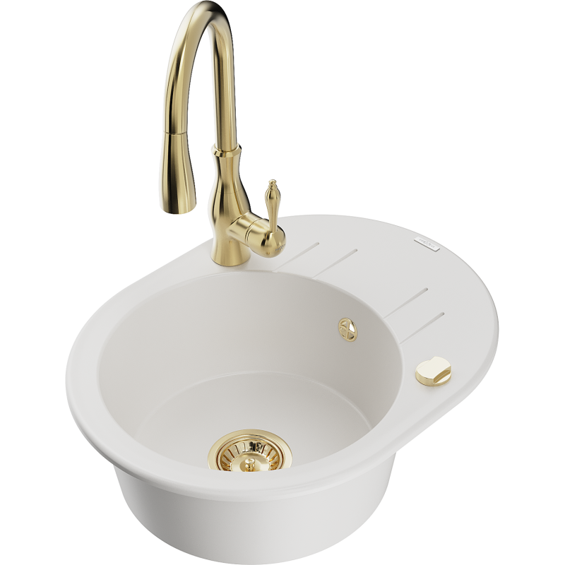 Mexen Kevin granitový dřez 1-komorový s odkapávačem a kuchyňskou baterií Savita, bílý - 6517-20-672601-50