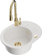 Mexen Kevin granitový dřez 1-komorový s odkapávačem a kuchyňskou baterií Savita, bílý - 6517-20-672601-50