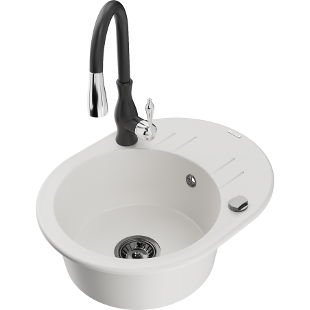 Mexen Kevin granitový dřez 1-komorový s odkapávačem a kuchyňskou baterií Savita, bílý - 6517-20-672601-70