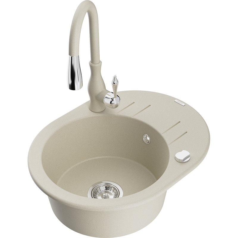 Mexen Kevin granitový dřez 1-komorový s odkapávačem a kuchyňskou baterií Savita, béžový - 6517-69-672601-69