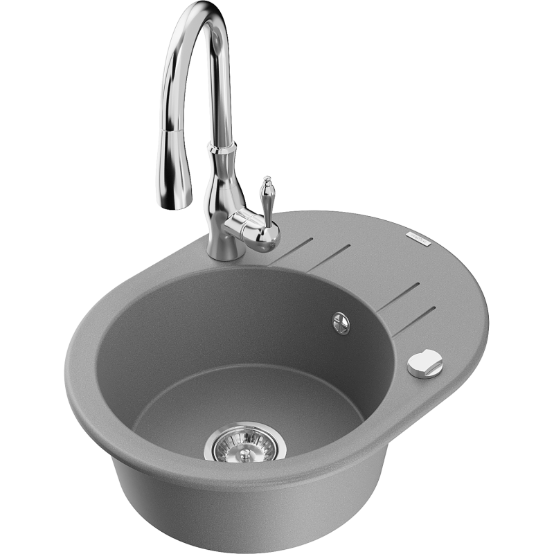 Mexen Kevin granitový dřez 1-komorový s odkapávačem a kuchyňskou baterií Savita, šedý - 6517-71-672601-00