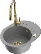 Mexen Kevin granitový dřez 1-komorový s odkapávačem a kuchyňskou baterií Savita, šedý - 6517-71-672601-50