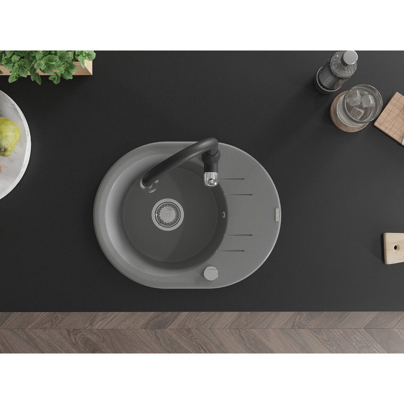 Mexen Kevin žulový dřez s 1 komorou s odkapávačem a kuchyňskou baterií Savita, šedý - 6517-71-672601-70