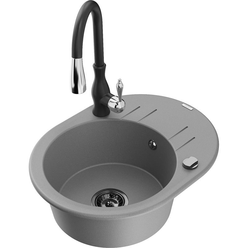 Mexen Kevin granitový dřez 1-komorový s odkapávačem a kuchyňskou baterií Savita, šedý - 6517-71-672601-70-B