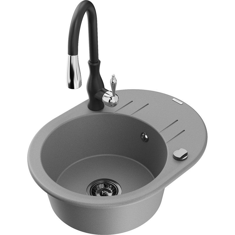Mexen Kevin granitový dřez s jednou komorou, odkapávačem a kuchyňskou baterií Savita, šedý - 6517-71-672601-70-B
