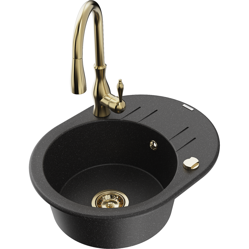 Mexen Kevin granitový dřez s odkapávačem a kuchyňskou baterií Savita, černý/stříbrný metalický - 6517-73-672601-50