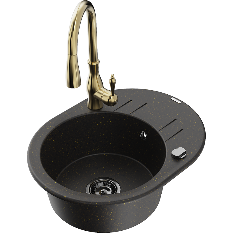 Mexen Kevin granitový dřez 1-komorový s odkapávačem a kuchyňskou baterií Savita, černý/zlatý metalík - 6517-75-672601-50-B