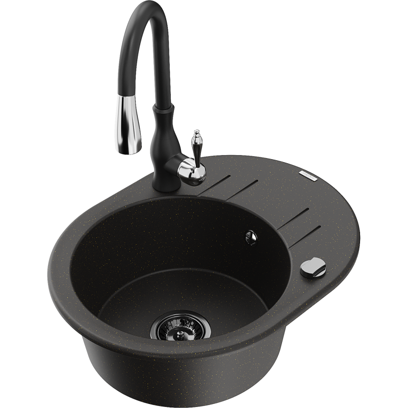 Mexen Kevin granitový dřez 1-komorový s odkapávačem a kuchyňskou baterií Savita, černý/zlatý metalík - 6517-75-672601-70-B