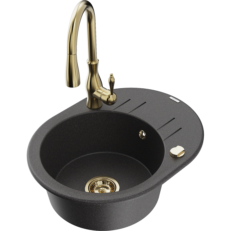 Mexen Kevin granitový dřez 1-komorový s odkapávačem a kuchyňskou baterií Savita, černý skvrnitý - 6517-76-672601-50