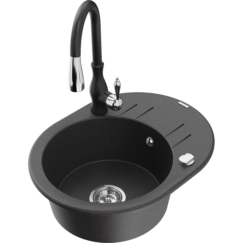 Mexen Kevin granitový dřez 1-komorový s odkapávačem a kuchyňskou baterií Savita, černý kropenatý - 6517-76-672601-70