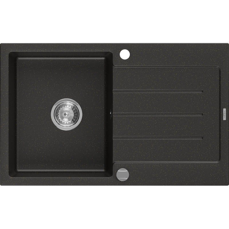 Mexen Bruno granitový dřez s odkapávačem 1-komorový 795 x 495 mm, černý/zlatý metalik, sifon chrom- 6513791010-75