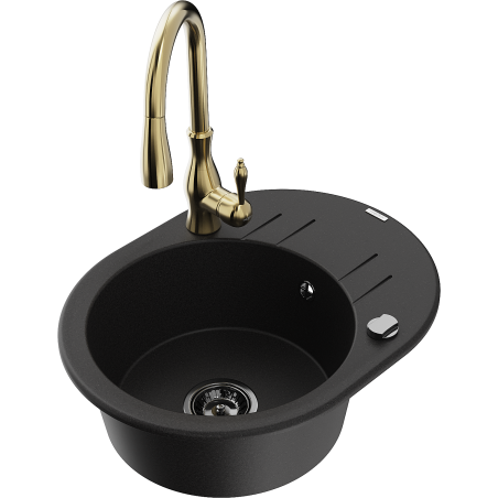 Mexen Kevin granitový dřez 1-komorový s odkapávačem a kuchyňskou baterií Savita, černý - 6517-77-672601-50-B