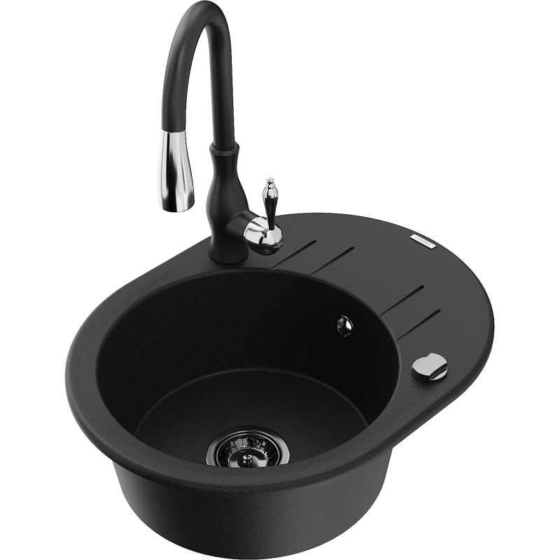 Mexen Kevin granitový dřez 1-komorový s odkapávačem a kuchyňskou baterií Savita, černý - 6517-77-672601-70-B