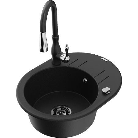 Mexen Kevin granitový dřez 1-komorový s odkapávačem a kuchyňskou baterií Savita, černý - 6517-77-672601-70-B