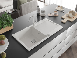 Mexen Leo granitový dřez s 1 komorou a odkapávačem a kuchyňskou baterií Carla, bílý - 6501-20-670700-00