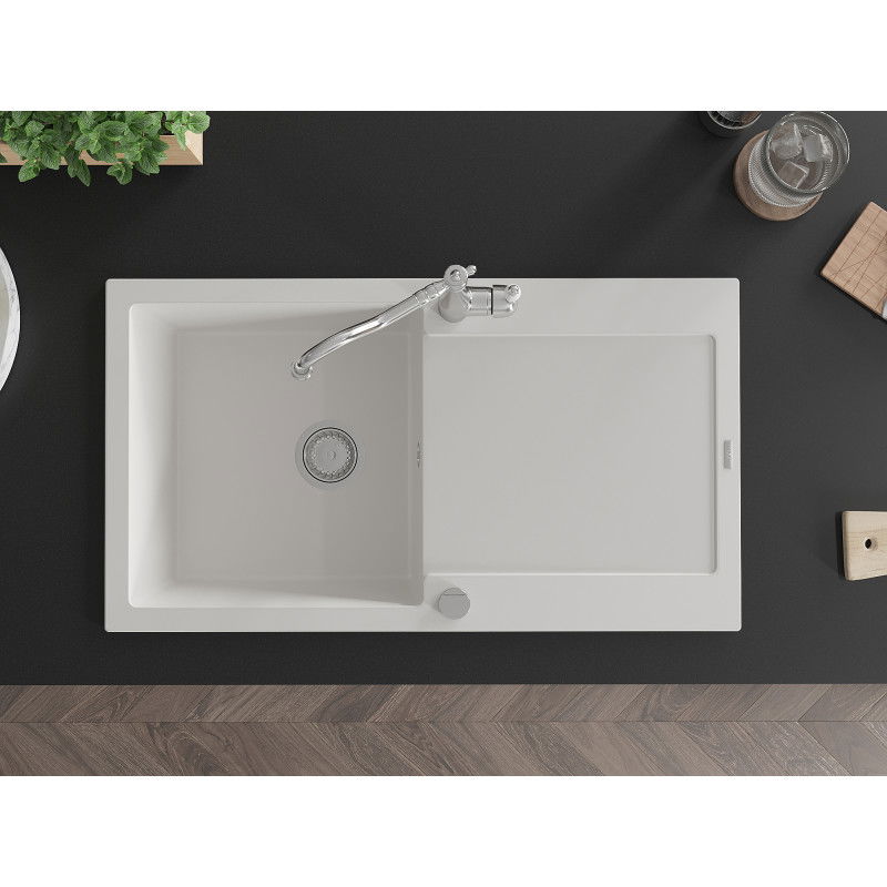 Mexen Leo granitový dřez s 1 komorou a odkapávačem a kuchyňskou baterií Carla, bílý - 6501-20-670700-00