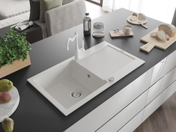 Mexen Leo granitový dřez 1-komorový s odkapávačem a kuchyňská baterie Carla, bílá - 6501-20-670700-20