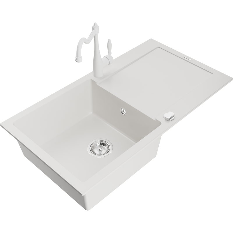 Mexen Leo granitový dřez 1-komorový s odkapávačem a kuchyňská baterie Carla, bílá - 6501-20-670700-20