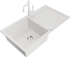 Mexen Leo granitový dřez 1-komorový s odkapávačem a kuchyňská baterie Carla, bílá - 6501-20-670700-20