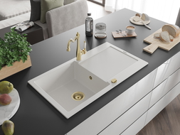 Mexen Leo granitový dřez 1-komorový s odkapávačem a kuchyňskou baterií Carla, bílý - 6501-20-670700-50