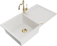 Mexen Leo granitový dřez 1-komorový s odkapávačem a kuchyňskou baterií Carla, bílý - 6501-20-670700-50