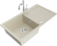 Mexen Leo granitový dřez 1-komorový s odkapávačem a kuchyňskou baterií Carla, béžový - 6501-69-670700-00