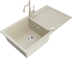 Mexen Leo granitový dřez 1-komorový s odkapávačem a kuchyňskou baterií Carla, béžový - 6501-69-670700-69