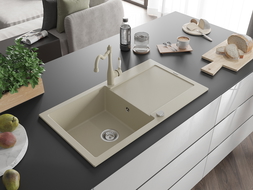 Mexen Leo granitový dřez 1-komorový s odkapávačem a kuchyňskou baterií Carla, béžový - 6501-69-670700-69