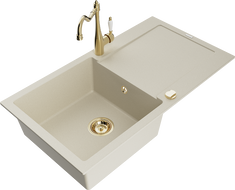 Mexen Leo granitový kuchyňský dřez 1-komorový s odkapávačem a kuchyňskou baterií Carla, béžový - 6501-69-670700-50