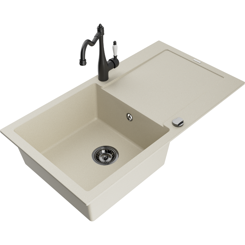 Mexen Leo granitový dřez 1-komorový s odkapávačem a kuchyňskou baterií Carla, béžový - 6501-69-670700-70