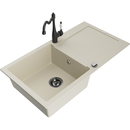 Mexen Leo granitový dřez 1-komorový s odkapávačem a kuchyňskou baterií Carla, béžový - 6501-69-670700-70