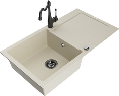 Mexen Leo granitový dřez 1-komorový s odkapávačem a kuchyňskou baterií Carla, béžový - 6501-69-670700-70