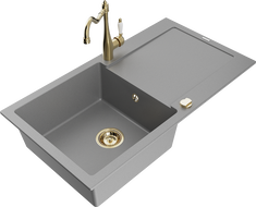 Mexen Leo granitový jednodřez s odkapávačem a kuchyňskou baterií Carla, šedý - 6501-71-670700-50