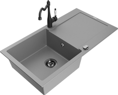 Mexen Leo granitový dřez 1-komorový s odkapávačem a kuchyňskou baterií Carla, šedý - 6501-71-670700-70-B