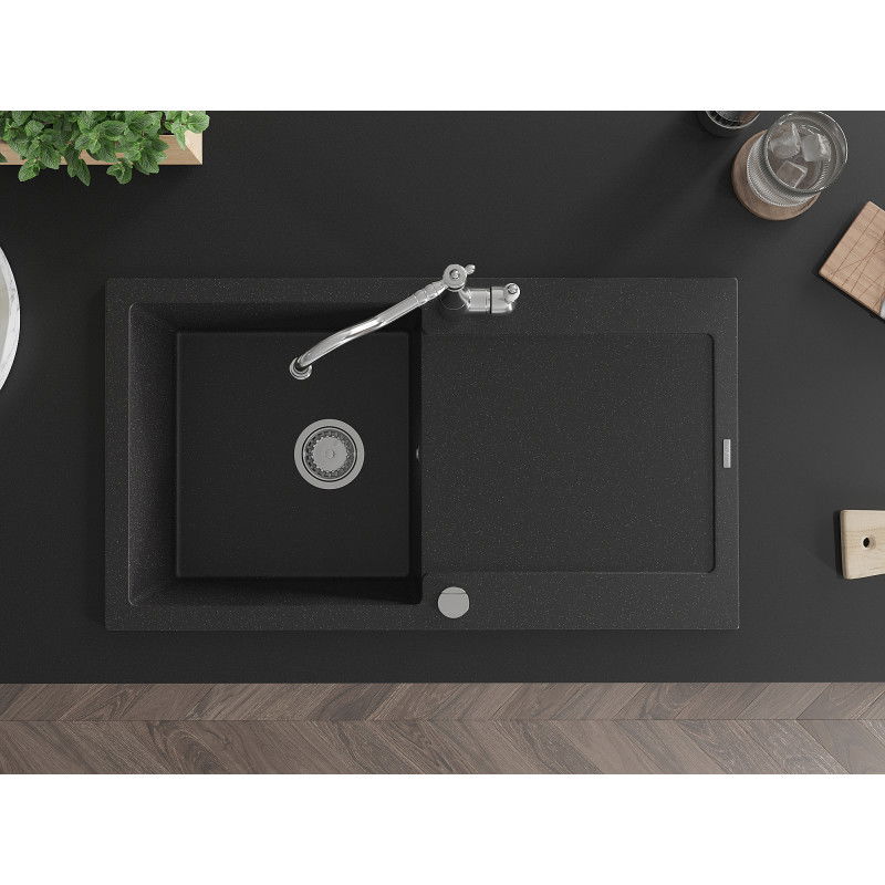 Mexen Leo granitový dřez s 1 komorou a odkapávačem a kuchyňskou baterií Carla, černý/stříbrný metalík - 6501-73-670700-00