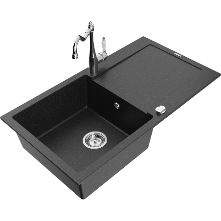 Mexen Leo granitový dřez s 1 komorou a odkapávačem a kuchyňskou baterií Carla, černý/stříbrný metalík - 6501-73-670700-00