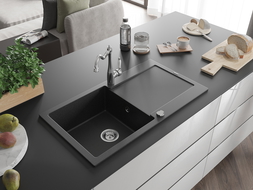 Mexen Leo granitový dřez s 1 komorou a odkapávačem a kuchyňskou baterií Carla, černý/stříbrný metalík - 6501-73-670700-00