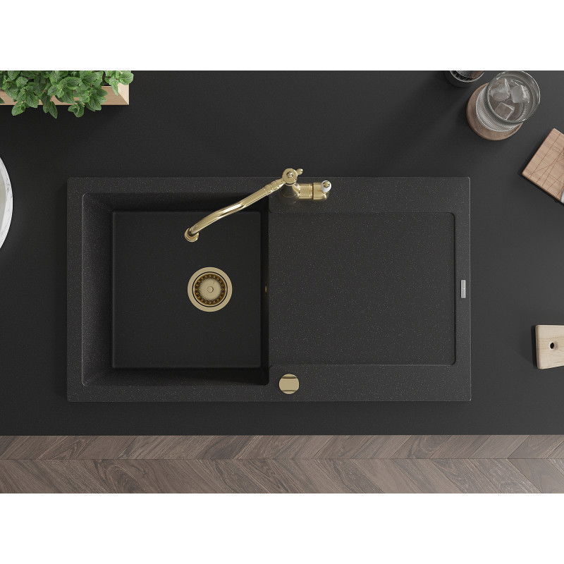 Mexen Leo granitový dřez 1-komorový s odkapávačem a kuchyňská baterie Carla, černý/stříbrný metalik - 6501-73-670700-50