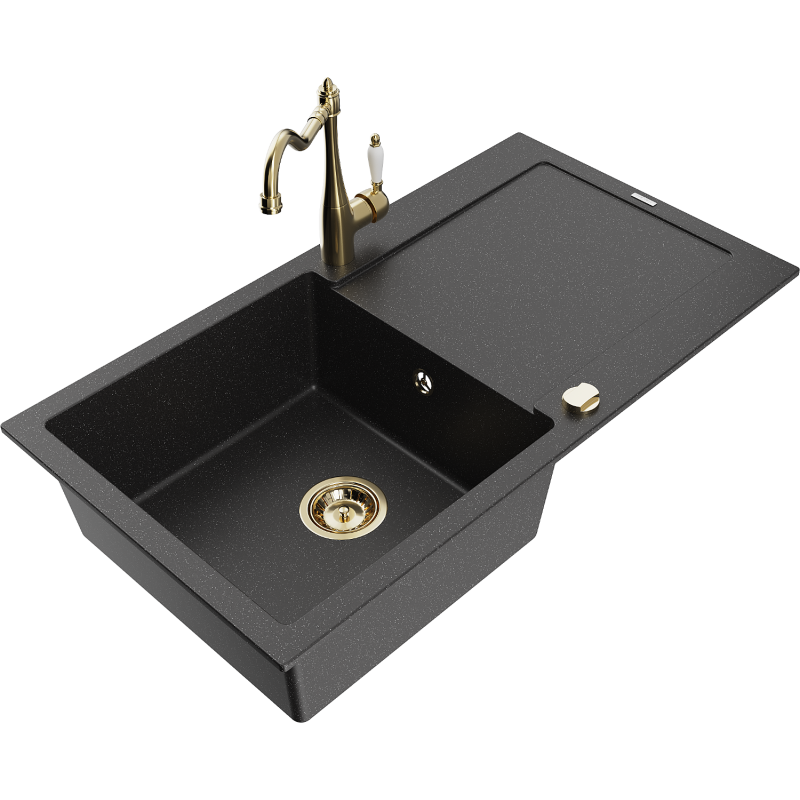 Mexen Leo granitový dřez 1-komorový s odkapávačem a kuchyňská baterie Carla, černý/stříbrný metalik - 6501-73-670700-50