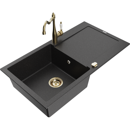 Mexen Leo granitový dřez 1-komorový s odkapávačem a kuchyňská baterie Carla, černý/stříbrný metalik - 6501-73-670700-50