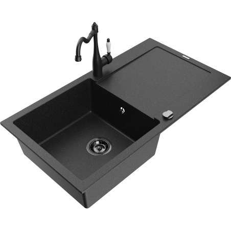 Mexen Leo 1-komorový žulový dřez s odkapávačem a kuchyňskou baterií Carla, černý/stříbrný metalik - 6501-73-670700-70-B