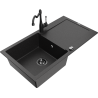 Mexen Leo 1-komorový žulový dřez s odkapávačem a kuchyňskou baterií Carla, černý/stříbrný metalik - 6501-73-670700-70-B