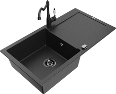Mexen Leo 1-komorový žulový dřez s odkapávačem a kuchyňskou baterií Carla, černý/stříbrný metalik - 6501-73-670700-70-B