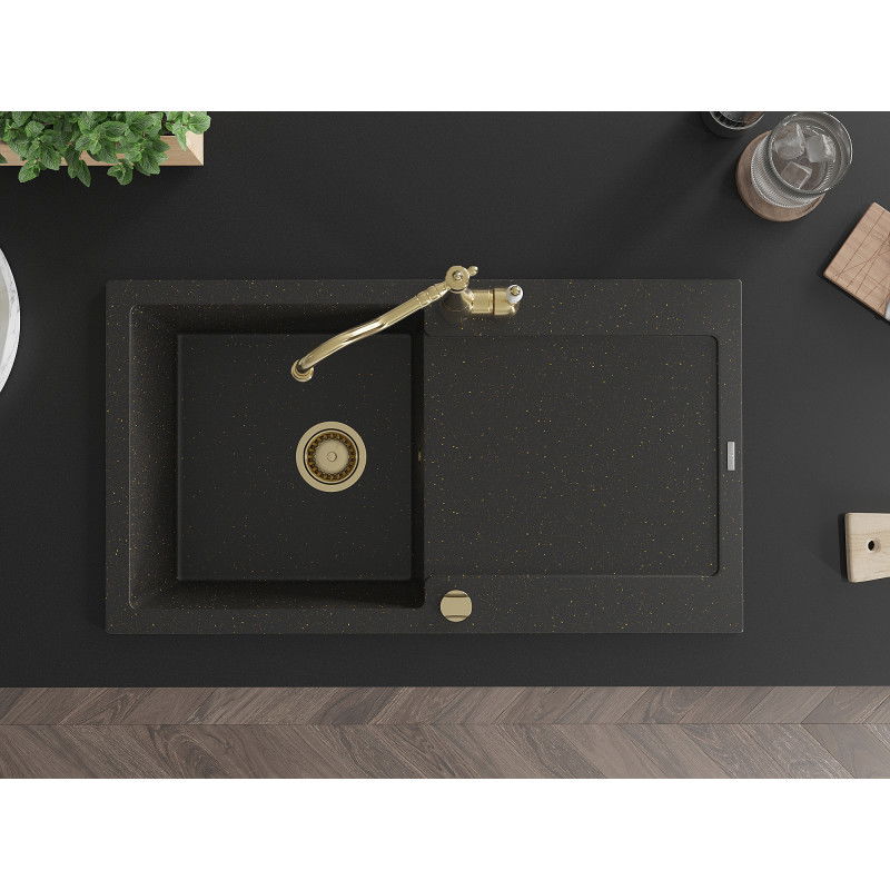 Mexen Leo granitový dřez 1-komorový s odkapávačem a kuchyňskou baterií Carla, černý/zlatý metalik - 6501-75-670700-50