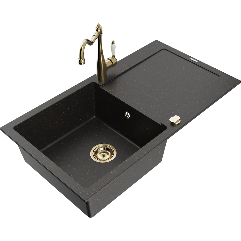 Mexen Leo granitový dřez 1-komorový s odkapávačem a kuchyňskou baterií Carla, černý/zlatý metalik - 6501-75-670700-50