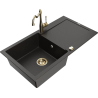Mexen Leo granitový dřez 1-komorový s odkapávačem a kuchyňskou baterií Carla, černý/zlatý metalik - 6501-75-670700-50
