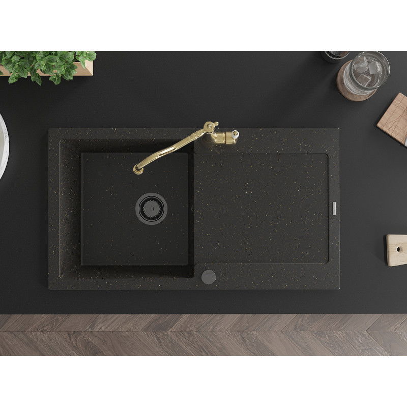 Mexen Leo granitový dřez 1-komorový s odkapávačem a kuchyňskou baterií Carla, černý/zlatý metalizovaný - 6501-75-670700-50-B